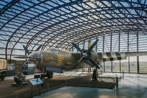 UTAH BEACH Musée du débarquement. An authentic B26 bomber is on display inside a Hangar.