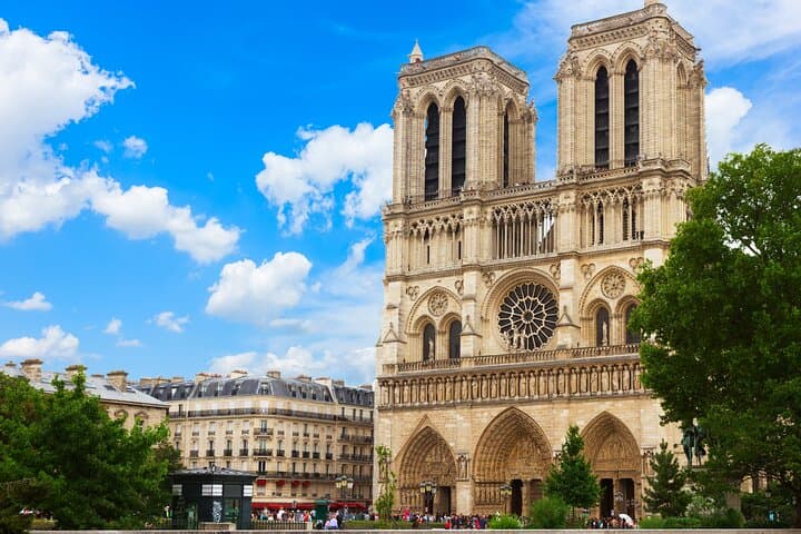 Notre Dame cathedral facade in Paris, France