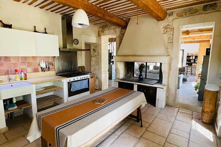 Or inside with the fire place in the kitchen