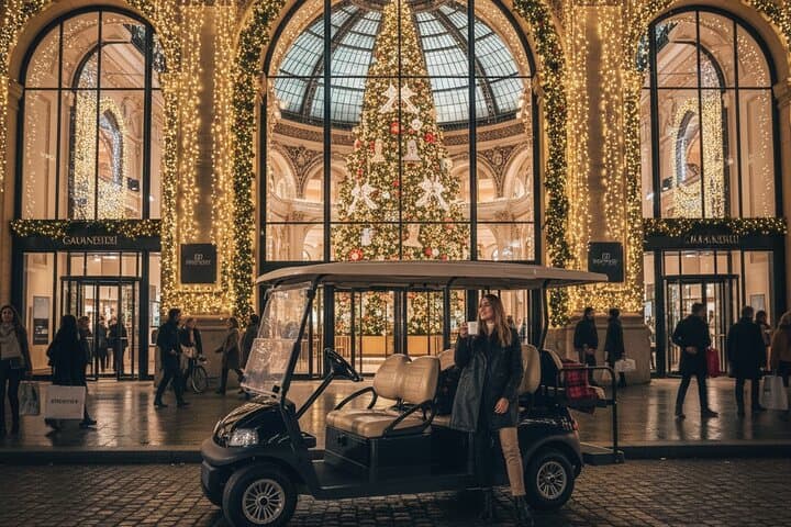 Experience the magic of Paris at Christmas in comfort and style: Discover the City of Lights aboard your private Golf Cart under sparkling holiday decorations.