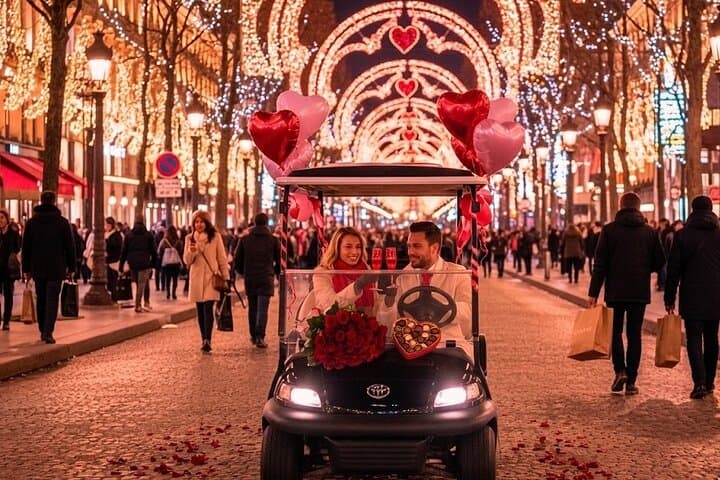 A romantic Paris by night experience in a private golf cart, perfect for couples and special moments.