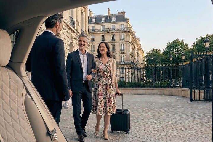 Our professional VTC driver greets a couple in Paris as they arrive in a Mercedes E-Class, offering personalized, premium, and comfortable service.
