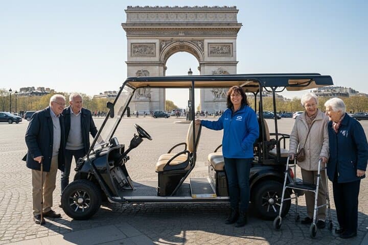 Comfortable private golf cart tour with easy access at Paris iconic landmarks.