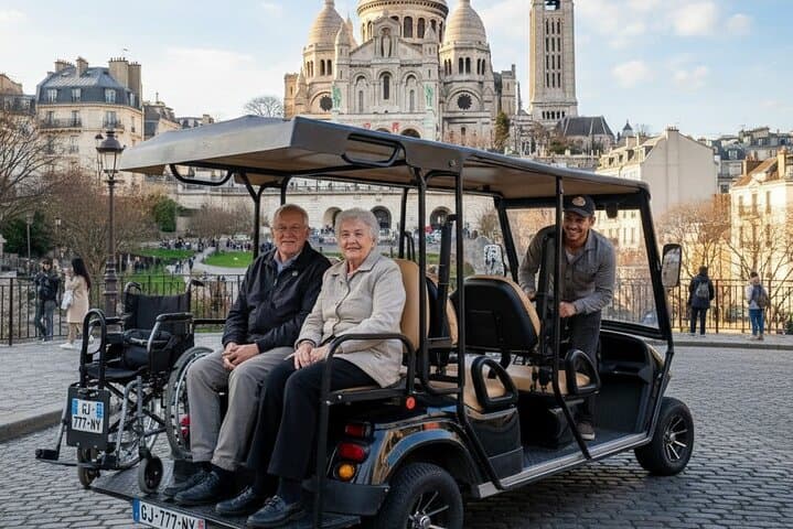 Accessible private golf cart tour in Montmartre, with comfortable seating and attentive assistance for reduced mobility guests.