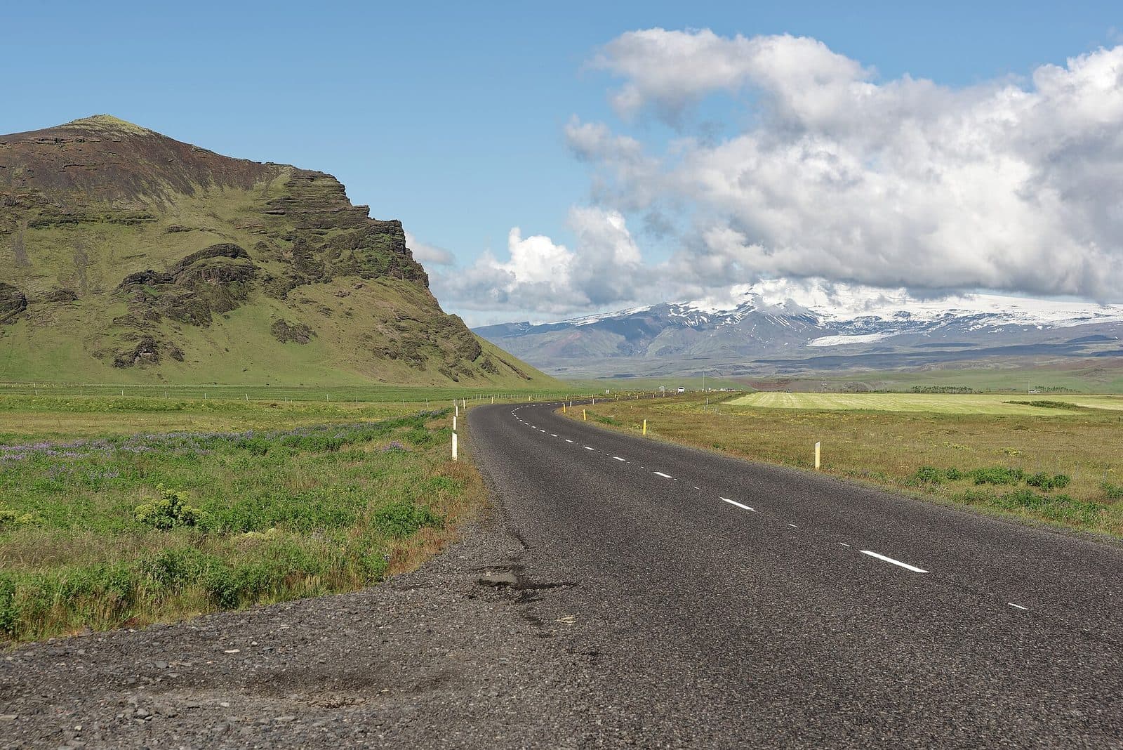 La route 1 en Islande, prairies vers les montagnes