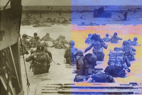 Soldiers and officers of the "Big Red One" (the American 1st Infantry Division) landing on Omaha Beach, in the early hours of D-Day, June 6 1944.