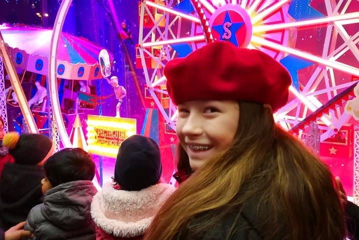 Enjoying Christmas window display at Galeries Lafayette