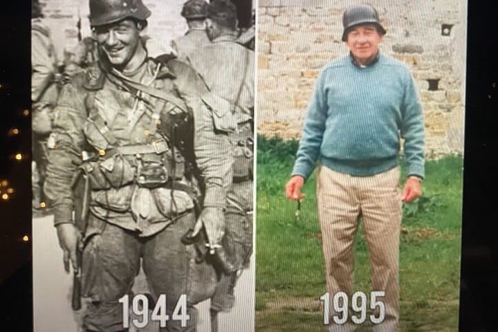 Forrest Guth (101st Airborne Division) at the farm where he. had his first engagement of World War II